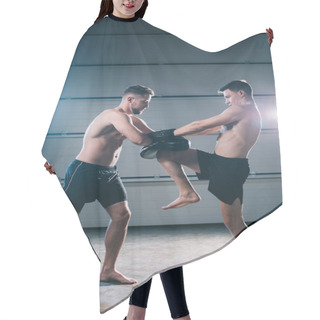 Personality  Athletic Muscular Barefoot Mma Fighter Practicing Kick With Another Sportsman During Training Hair Cutting Cape