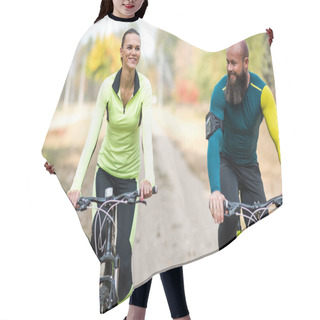 Personality  Smiling Couple Cycling In Park  Hair Cutting Cape