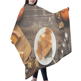 Personality  Top View Of Tasty Pumpkin Pie Near Whole Pumpkins, Cutlery, Cinnamon, Hazelnuts And Physalis On Dark Wooden Surface Hair Cutting Cape