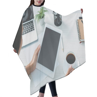 Personality  Cropped View Of Woman Holding Digital Tablet With Copy Space  Hair Cutting Cape