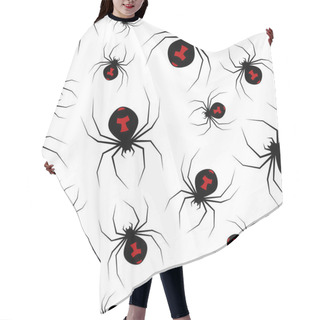Personality  A Lot Of Poisonous Spider Black Widow In Chaotic Order, Black Spider With Red Spot On Back, Vector Seamless Wallpaper On White Background Hair Cutting Cape