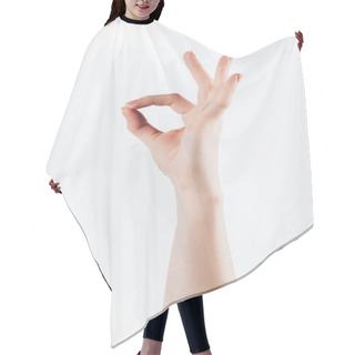 Personality  Cropped Shot Of Woman Showing Okay Sign Isolated On White Hair Cutting Cape