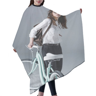 Personality  Hipster Woman With Bicycle Hair Cutting Cape