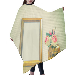 Personality  Picture Mock Up With Golden Frame Amd Flowers. Retro Toned Hair Cutting Cape
