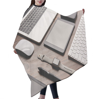 Personality  Close-up Shot Of Different Modern Gadgets On Cg Artist Workplace Hair Cutting Cape
