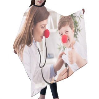 Personality  Smiling Doctor Examining Success Child With Finger Up Hair Cutting Cape