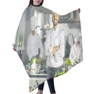 Personality  Famous Chef Of A Big Restaurant Crosses Arms And Smiles In A Mod Hair Cutting Cape