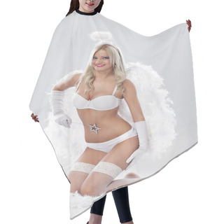 Personality  Young Blond Woman As Angel Hair Cutting Cape
