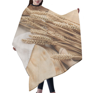 Personality  Lavash Bread Covered With White Towel Near Rolling Pin And Cutting Board With Spikes And Oil On Marble Surface Hair Cutting Cape
