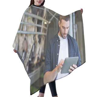 Personality  Young Man With Tablet Pc And Cows On Dairy Farm Hair Cutting Cape