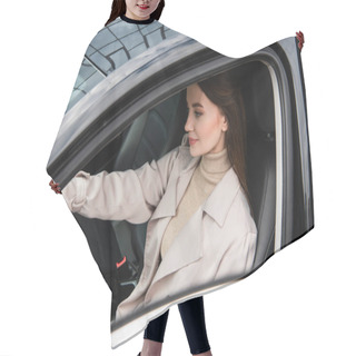 Personality  Pretty Young Woman Sitting In Car At Steering Wheel Hair Cutting Cape