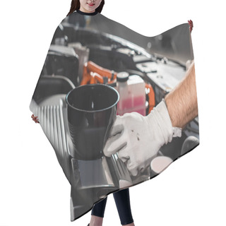 Personality  Cropped View Of Mechanic Holding Oil Funnel Near Car Engine Hair Cutting Cape