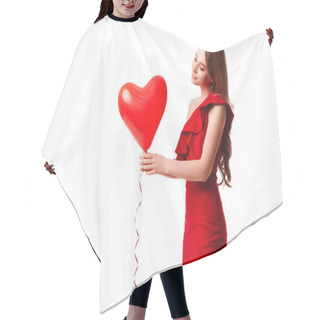 Personality  Attractive Young Girl In Red Dress Holding Valentines Day Helium Balloon Hair Cutting Cape