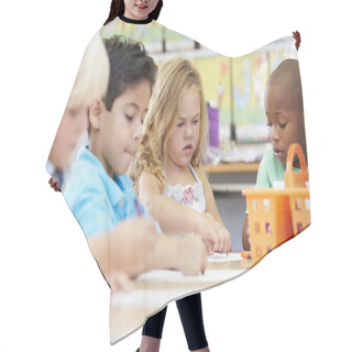 Personality  Group Of Elementary Age Children In Art Class Hair Cutting Cape