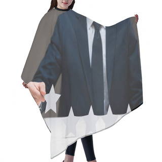 Personality  Cropped View Of Businessman Holding Star Isolated On Grey, Quality Concept  Hair Cutting Cape