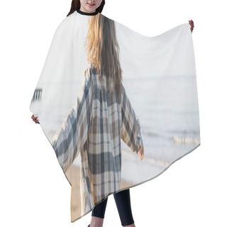 Personality  Back View Of Long Haired Man In Shirt Walking On Beach Near Adriatic Sea In Italy, Banner  Hair Cutting Cape