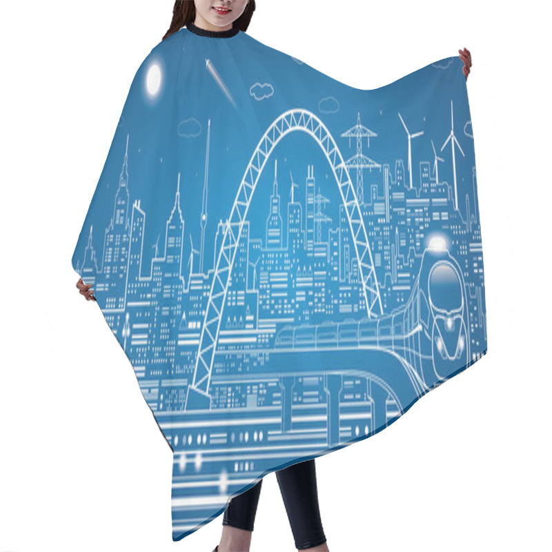 Personality  Vector Lines Train On The Bridge, Train On The Background Of The Light City And Plane Fly, Vector Infrastructure Panorama Hair Cutting Cape