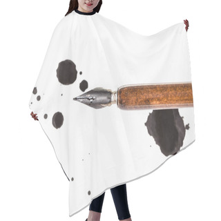 Personality  Top View Of Brown Dip Pen And Black Ink Blots On White Paper Hair Cutting Cape