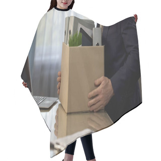 Personality  Employee Putting His Stuff From Work Desk In Carton Box, Leaving Job, Retirement Hair Cutting Cape