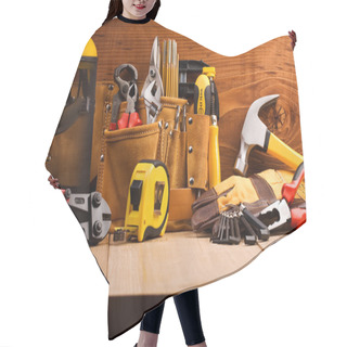 Personality  Set Of Working Tools On Wooden Boards Hair Cutting Cape
