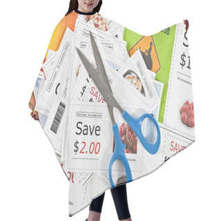 Personality  Fake Coupons On A Fake Coupon Background With Scissors. Hair Cutting Cape