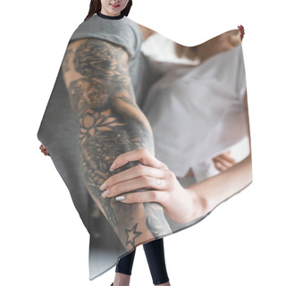 Personality  Selective Focus Of Woman Touching Hand Oh Tattooed Boyfriend At Home  Hair Cutting Cape