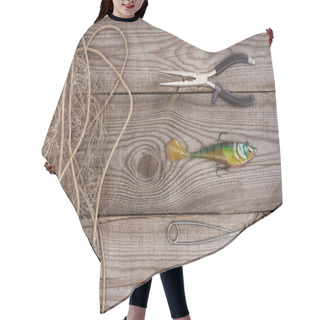 Personality  Top View Of Fishing Net, Pair On Nippers And Fishing Bait On Wooden Background Hair Cutting Cape