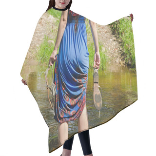 Personality  Girl Holds Sandals Wade Barefoot Flowing Stream  Hair Cutting Cape