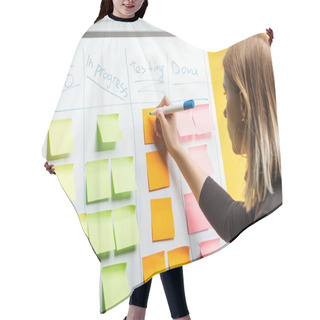Personality  Businesswoman Standing Near White Flipchart, Writing On Stickers Notes Hair Cutting Cape