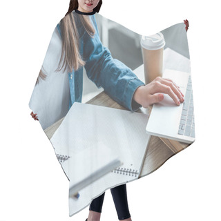 Personality  Cropped Shot Of Girl Using Laptop And Studying At Home Hair Cutting Cape