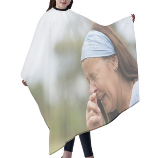 Personality  Sneezing Woman With Flu, Hayfever Or Cold Outdoor Hair Cutting Cape