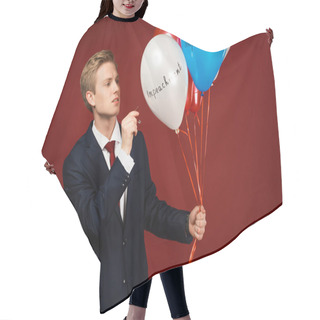 Personality  Man Bursting Balloons With Impeachment Lettering On Red Background Hair Cutting Cape