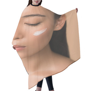 Personality  Cropped View Of Beautiful Naked Asian Girl With Facial Cream On Cheek Isolated On Beige Hair Cutting Cape