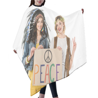 Personality  Two Bisexual Hippie Girls In Indian Headdress And Wreath Holding Placard With Inscription And Showing Peace Sign Isolated On White Hair Cutting Cape