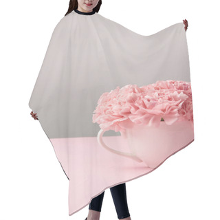 Personality  Close-up View Of Beautiful Pink Carnation Flowers In Cup On Grey Background  Hair Cutting Cape