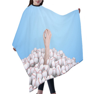 Personality  Mans Hand Holding A Baseball, Emerging From Under A Big Pile Of Baseballs. Hair Cutting Cape