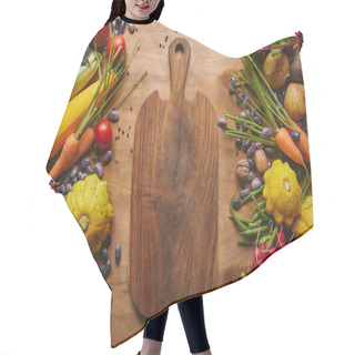 Personality  Cutting Board With Summer Vegetables On Wooden Table Hair Cutting Cape