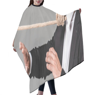 Personality  Cropped View Of Businessman In Black Suit With Noose On Neck Showing Stop Gesture To Murderer With Rope Isolated On Grey, Panoramic Shot Hair Cutting Cape