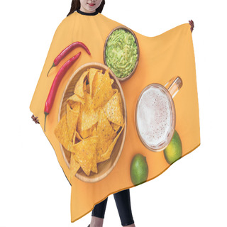 Personality  Top View Of Crispy Nachos, Guacamole, Beer, Limes And Chili Peppers On Orange Background, Mexican Cuisine Hair Cutting Cape