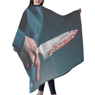 Personality  Cropped View Of Murderer Holding Knife In Blood Hair Cutting Cape