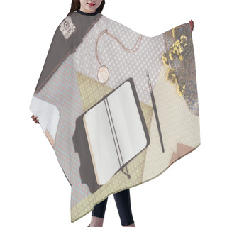 Personality  Top View Of Opened Notebook With Envelopes Over Pack Paper Background Hair Cutting Cape