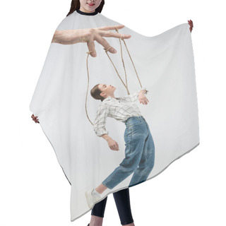 Personality  Cropped View Of Puppeteer Holding Marionette On Strings Isolated On Grey Hair Cutting Cape