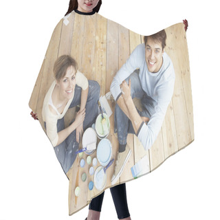 Personality  Couple Sitting On Floorboards Hair Cutting Cape