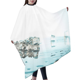 Personality  Heap Of Transparent Melted Ice Cubes With Water Puddles On Emerald And White Background Hair Cutting Cape