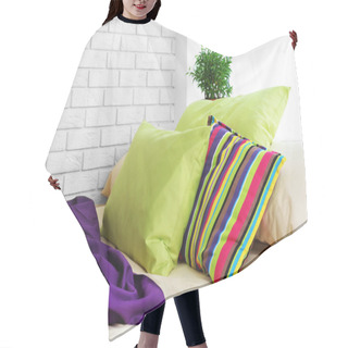 Personality  Comfortable Bed With Colorful Pillows And Purple Blanket In Bedroom Hair Cutting Cape