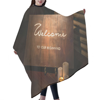 Personality  Wooden Table Board Sign At The Wedding On The Beach With Welcoming Romantic Words Hair Cutting Cape