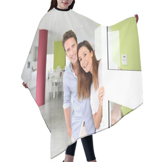 Personality  Cheerful Couple Inviting People To Enter In Home Hair Cutting Cape