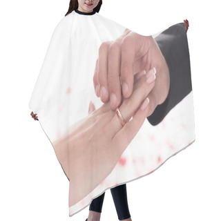 Personality  Cropped Image Of Boyfriend Wearing Ring On Girlfriends Finger Isolated On White, Valentines Day Concept Hair Cutting Cape