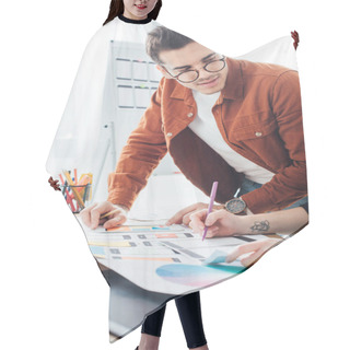 Personality  Designer Looking At Colleague With Framework Layouts Of User Experience Design On Table Hair Cutting Cape