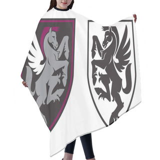 Personality  Vector Image Of A Heraldic Shield With A Heraldic Horse With Wings On A White Background. Coat Of Arms, Heraldry, Emblem, Symbol.  Hair Cutting Cape